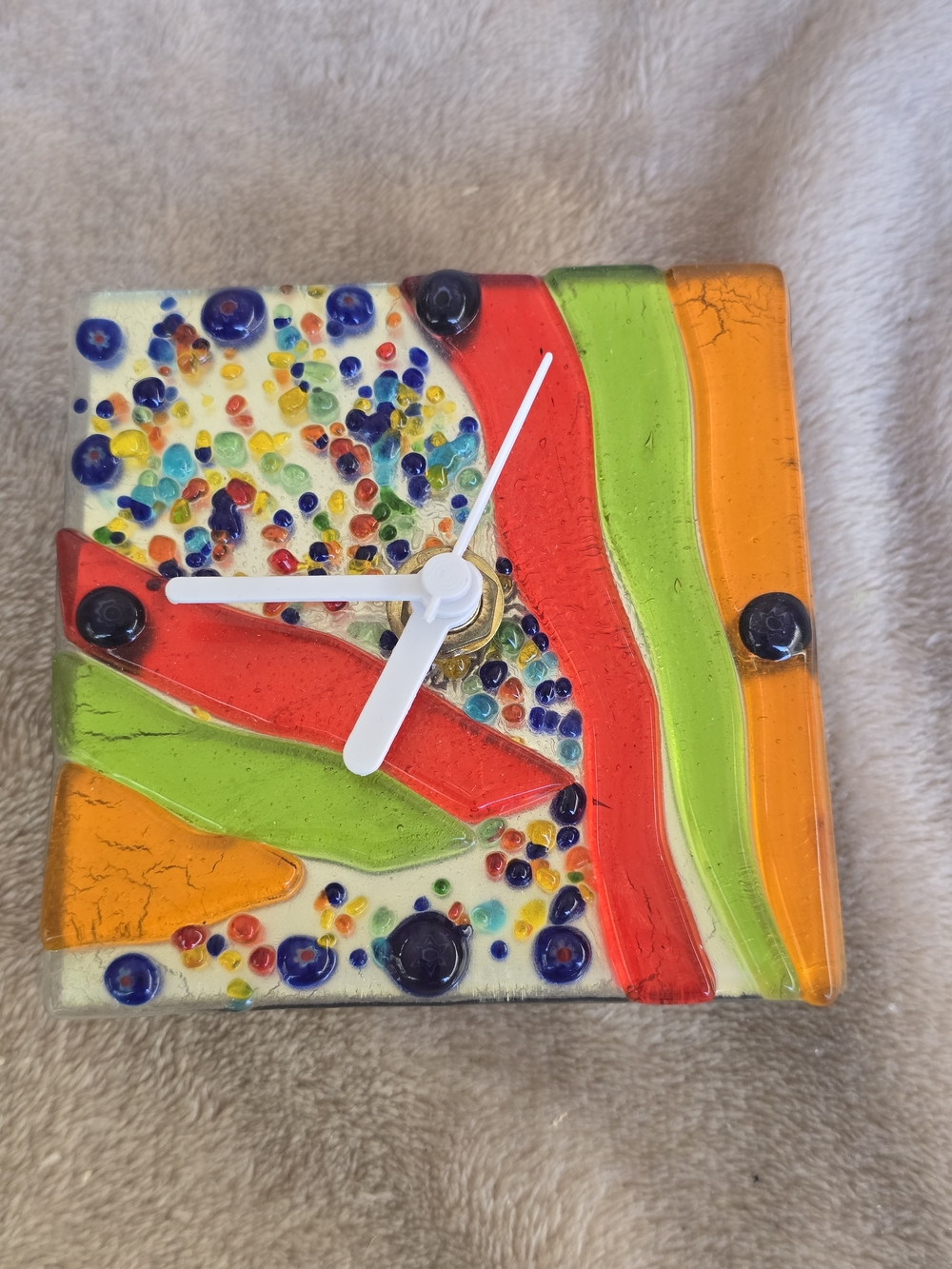 Handmade Multicolor Fused Small Glass Wall Clock - White Hands